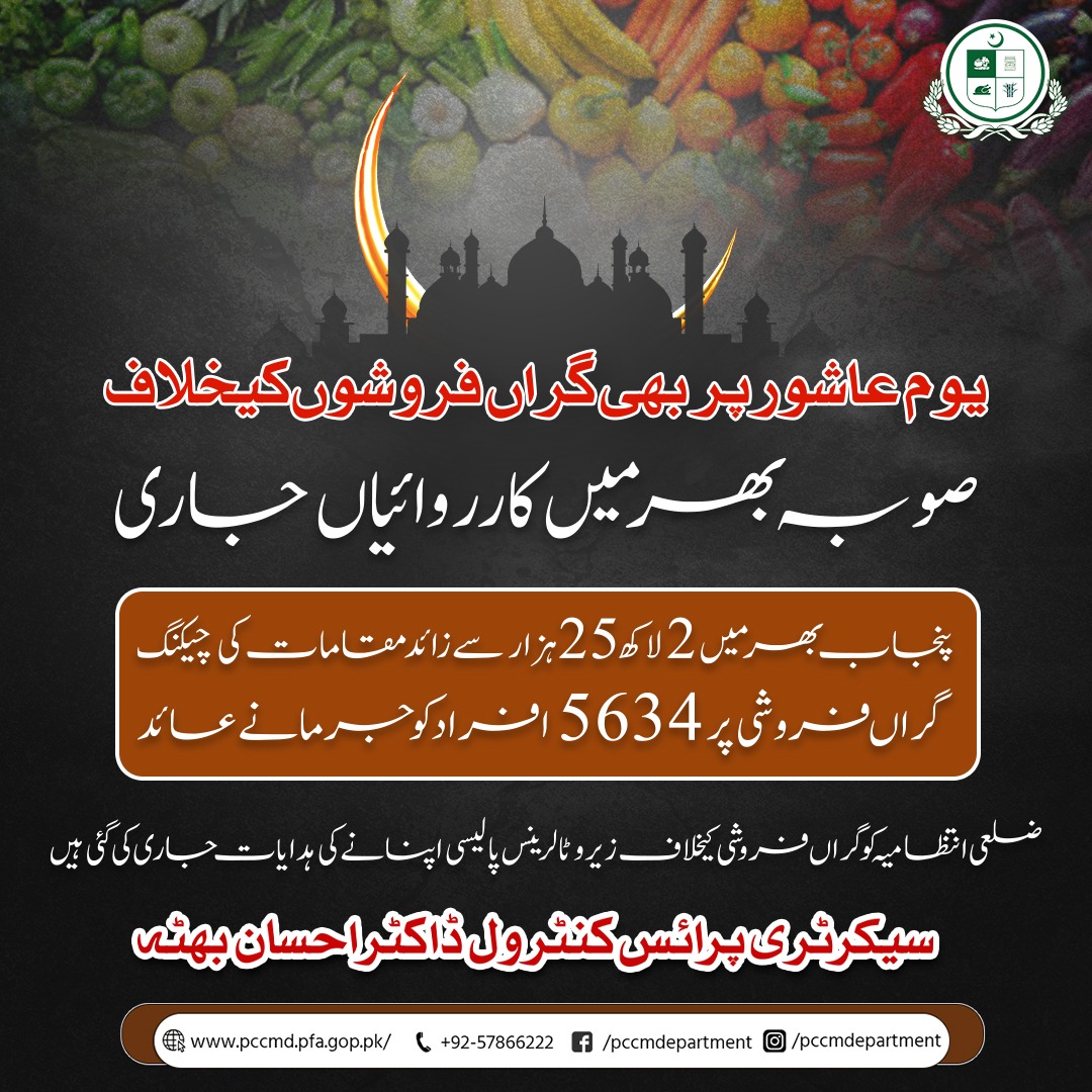 Read more about the article یوم عاشور پر بھی گراں فروشوں کیخلاف صوبہ بھر میں کارروائیاں جاری